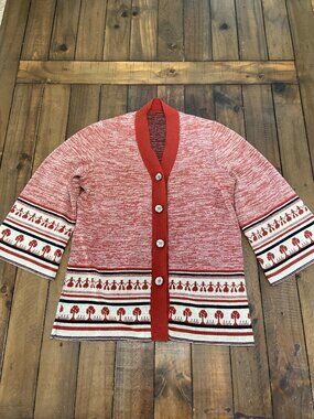 VTG 70s Montgomery Ward Novelty Knit Cardigan - Tree & People Pattern Medium